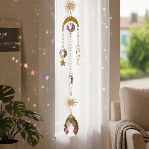 Crystal Mystical Healing Gold Sun and Moon Hanging Suncatcher New Rainbow 19 In